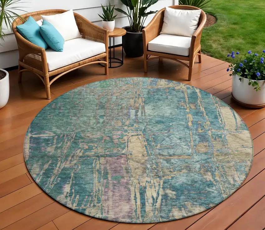 8' Teal Blue And Gold Round Abstract Washable Indoor Outdoor Area Rug Photo 1