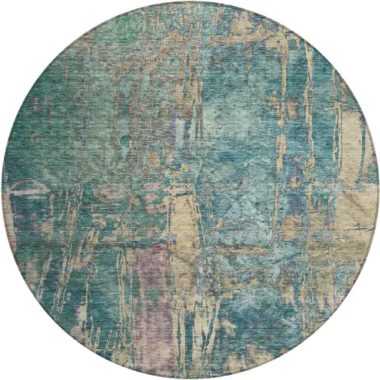 8' Teal Blue And Gold Round Abstract Washable Indoor Outdoor Area Rug Photo 2