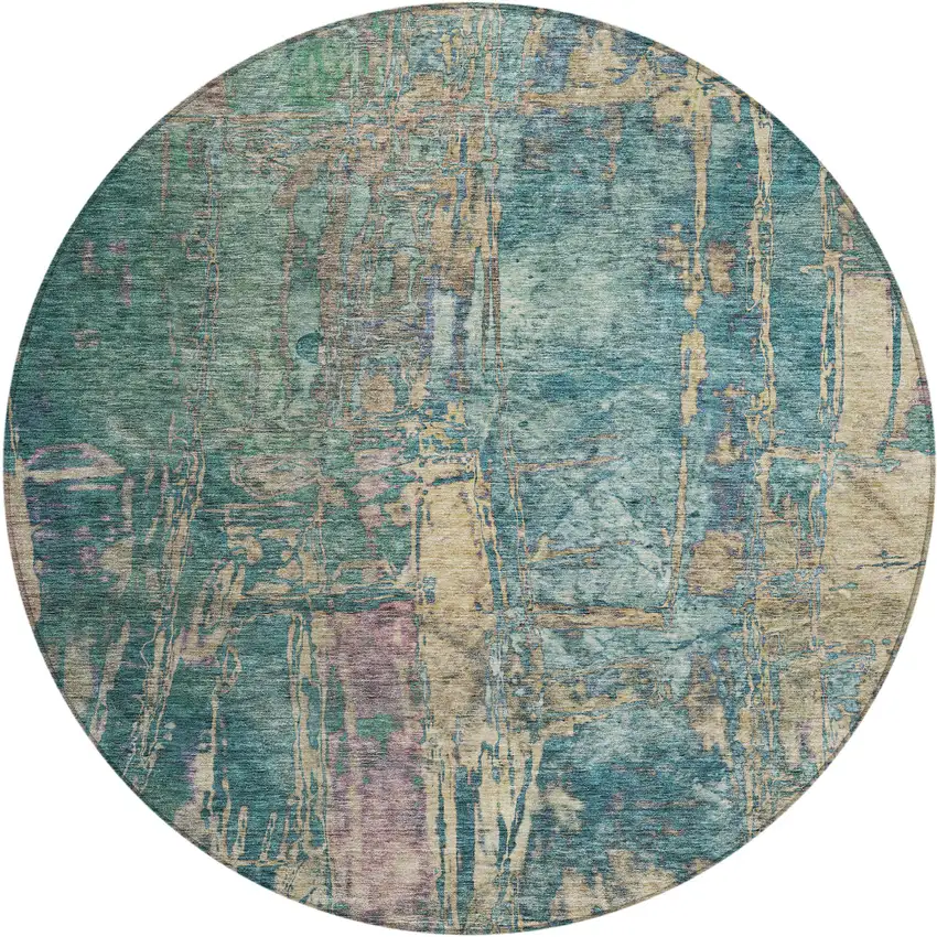 8' Teal Blue And Gold Round Abstract Washable Indoor Outdoor Area Rug Photo 2