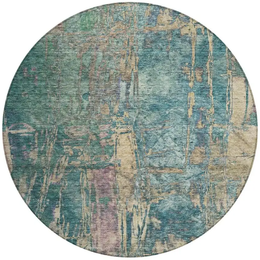 8' Teal Blue And Gold Round Abstract Washable Indoor Outdoor Area Rug Photo 4