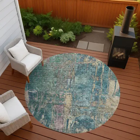 8' Teal Blue And Gold Round Abstract Washable Indoor Outdoor Area Rug Photo 9