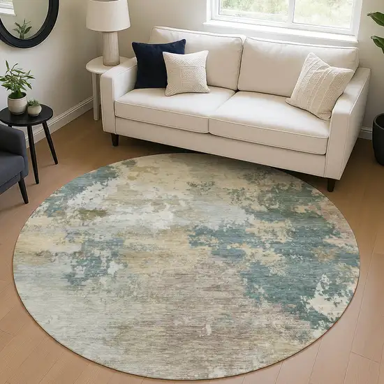 8' Teal Blue And Gold Round Abstract Washable Indoor Outdoor Area Rug Photo 4