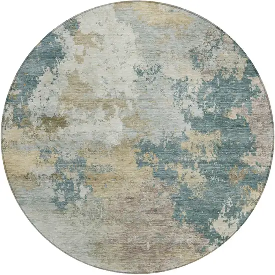8' Teal Blue And Gold Round Abstract Washable Indoor Outdoor Area Rug Photo 1