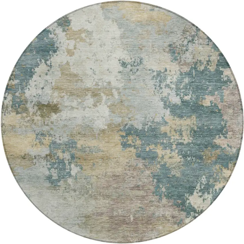 8' Teal Blue And Gold Round Abstract Washable Indoor Outdoor Area Rug Photo 1