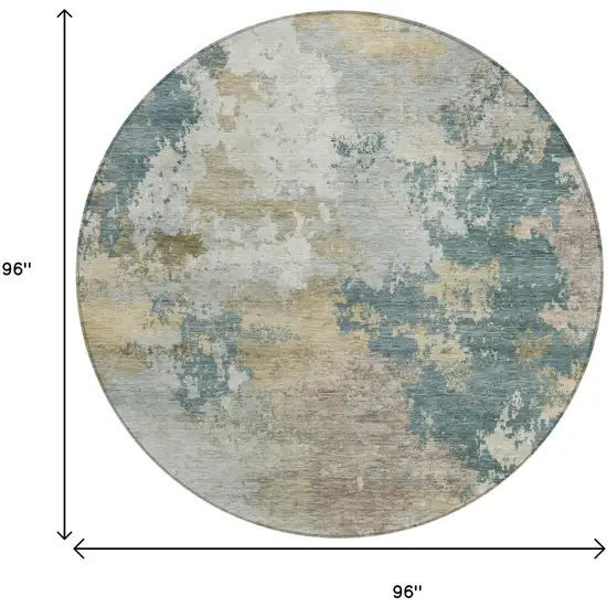 8' Teal Blue And Gold Round Abstract Washable Indoor Outdoor Area Rug Photo 9