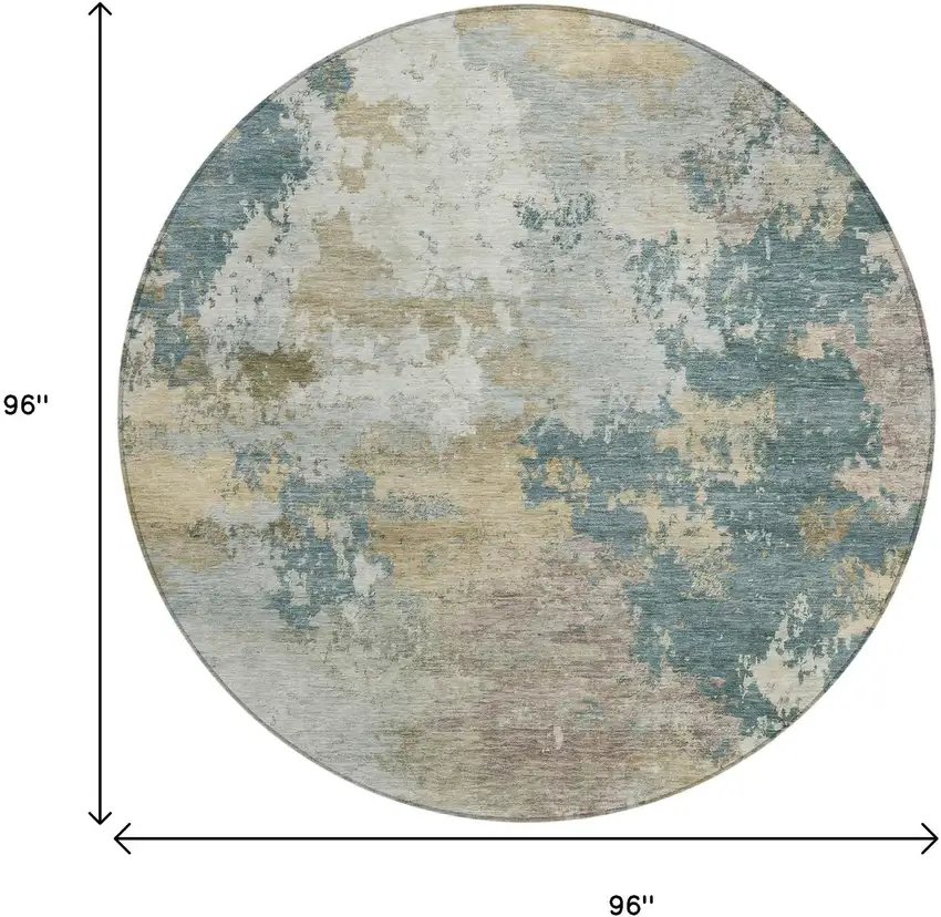 8' Teal Blue And Gold Round Abstract Washable Indoor Outdoor Area Rug Photo 9