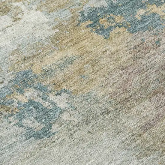 8' Teal Blue And Gold Round Abstract Washable Indoor Outdoor Area Rug Photo 8