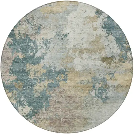 8' Teal Blue And Gold Round Abstract Washable Indoor Outdoor Area Rug Photo 2
