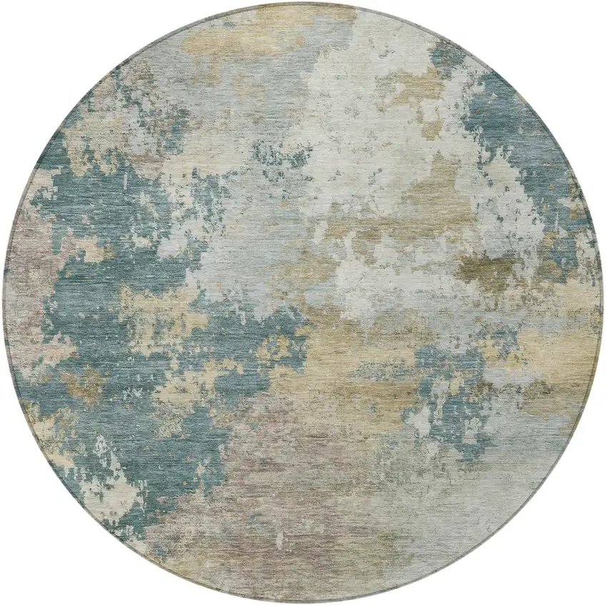8' Teal Blue And Gold Round Abstract Washable Indoor Outdoor Area Rug Photo 2