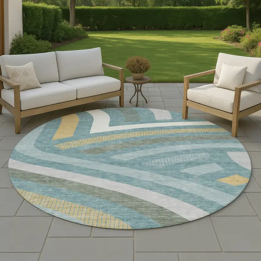 8' Teal Blue And Gold Round Abstract Washable Indoor Outdoor Area Rug Photo 4