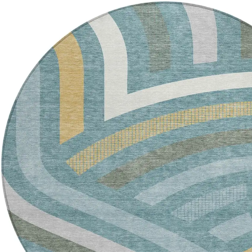 8' Teal Blue And Gold Round Abstract Washable Indoor Outdoor Area Rug Photo 2
