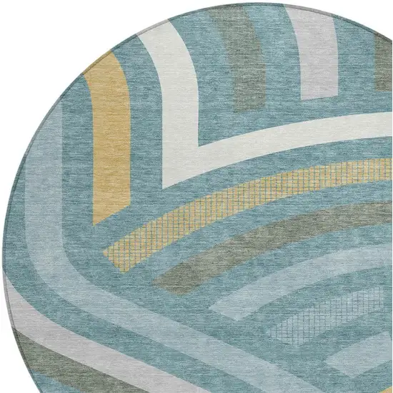 8' Teal Blue And Gold Round Abstract Washable Indoor Outdoor Area Rug Photo 2
