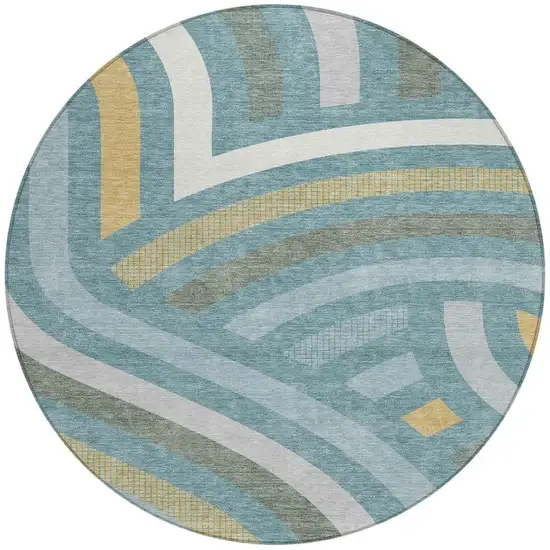 8' Teal Blue And Gold Round Abstract Washable Indoor Outdoor Area Rug Photo 3
