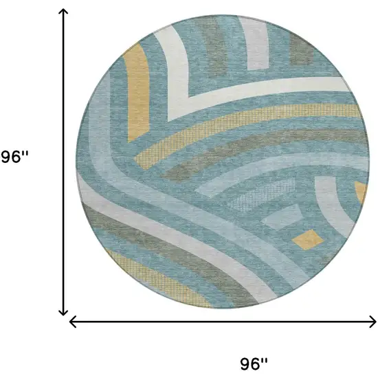 8' Teal Blue And Gold Round Abstract Washable Indoor Outdoor Area Rug Photo 8