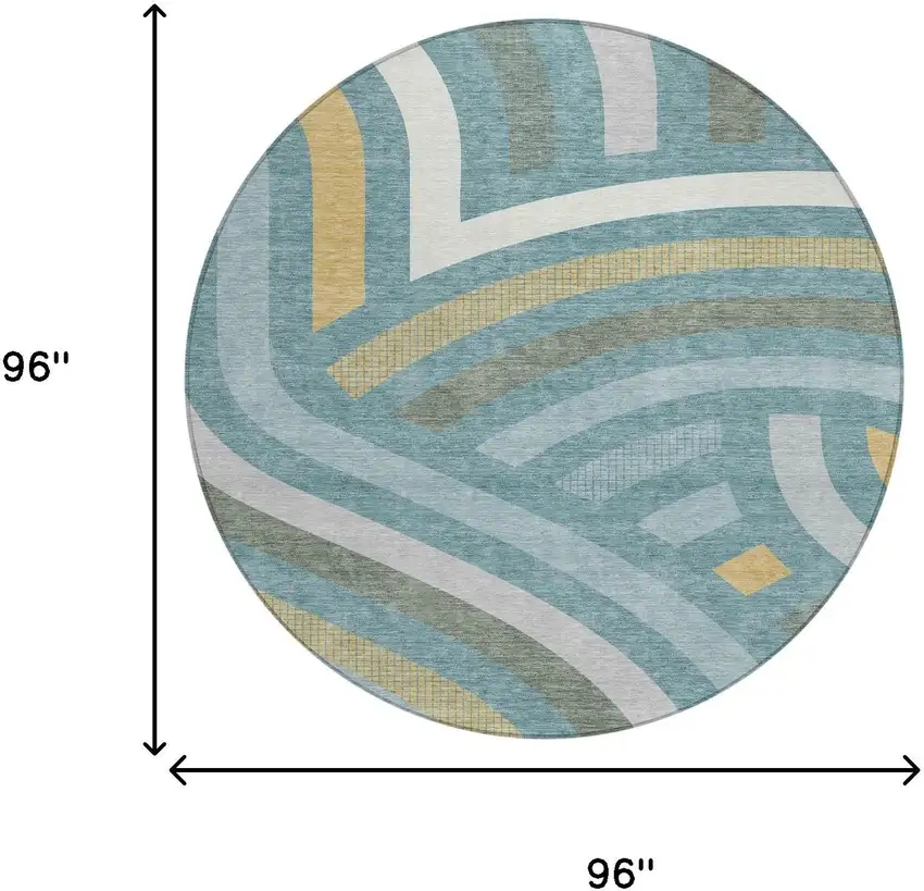 8' Teal Blue And Gold Round Abstract Washable Indoor Outdoor Area Rug Photo 8