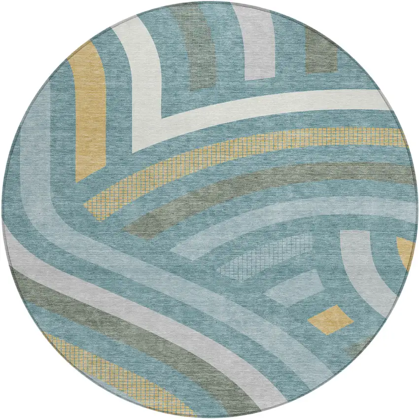 8' Teal Blue And Gold Round Abstract Washable Indoor Outdoor Area Rug Photo 1