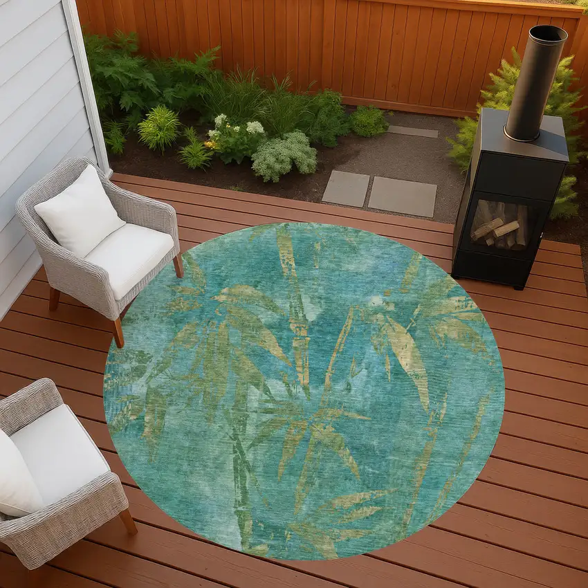 8' Teal Blue And Gold Round Botanical Leaves Washable Indoor Outdoor Area Rug Photo 7