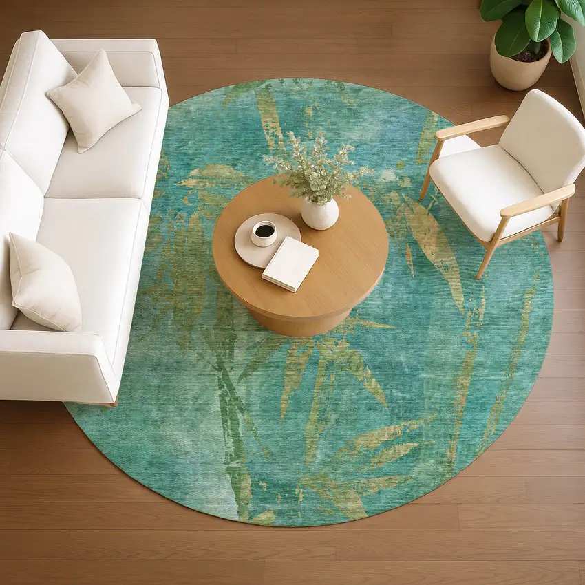 8' Teal Blue And Gold Round Botanical Leaves Washable Indoor Outdoor Area Rug Photo 8