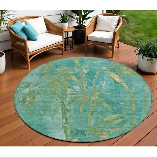 8' Teal Blue And Gold Round Botanical Leaves Washable Indoor Outdoor Area Rug Photo 1
