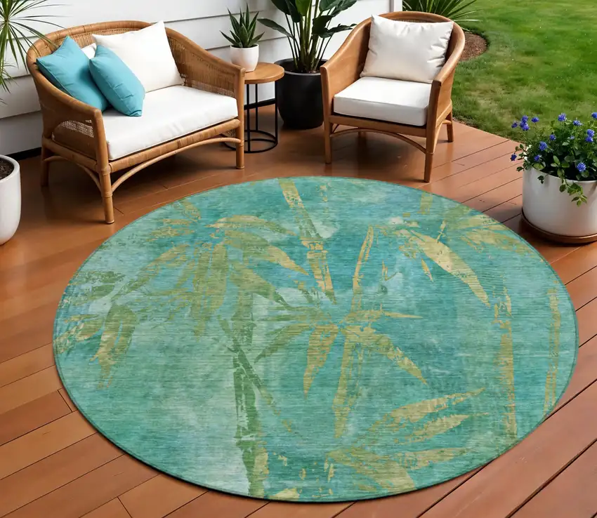 8' Teal Blue And Gold Round Botanical Leaves Washable Indoor Outdoor Area Rug Photo 1