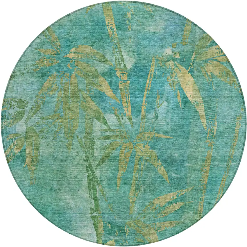8' Teal Blue And Gold Round Botanical Leaves Washable Indoor Outdoor Area Rug Photo 2