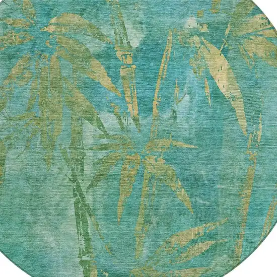 8' Teal Blue And Gold Round Botanical Leaves Washable Indoor Outdoor Area Rug Photo 6