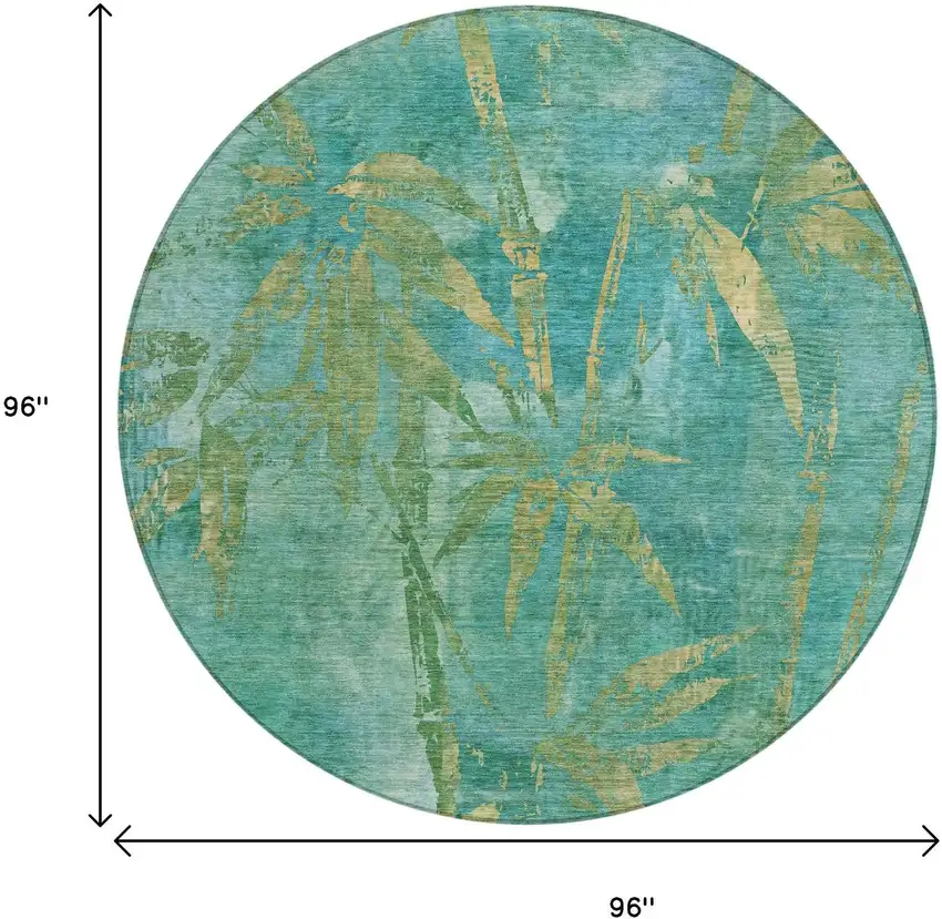 8' Teal Blue And Gold Round Botanical Leaves Washable Indoor Outdoor Area Rug Photo 3