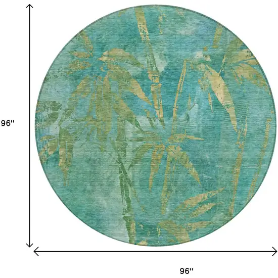 8' Teal Blue And Gold Round Botanical Leaves Washable Indoor Outdoor Area Rug Photo 3