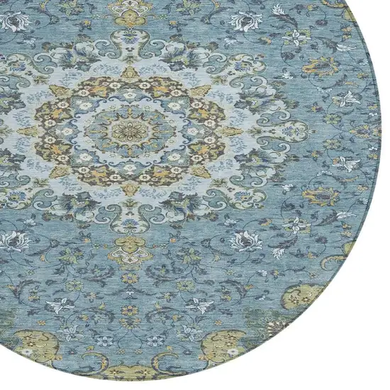 8' Teal Blue And Gold Round Floral Medallion Washable Indoor Outdoor Area Rug Photo 3