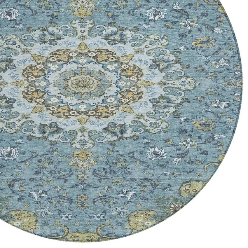 8' Teal Blue And Gold Round Floral Medallion Washable Indoor Outdoor Area Rug Photo 3