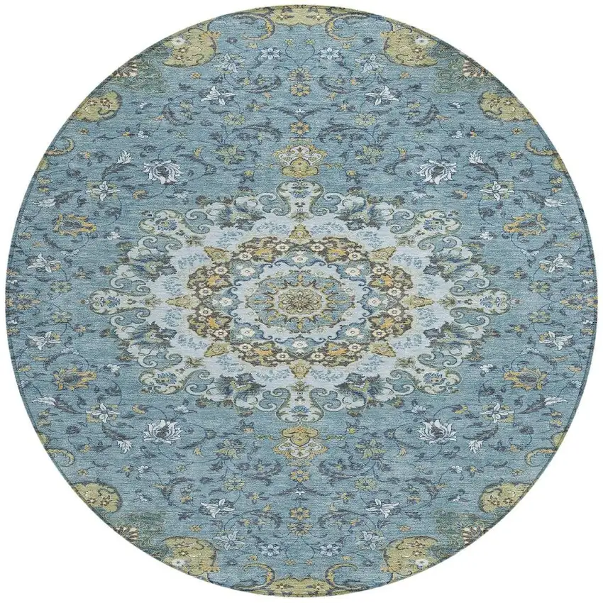 8' Teal Blue And Gold Round Floral Medallion Washable Indoor Outdoor Area Rug Photo 4