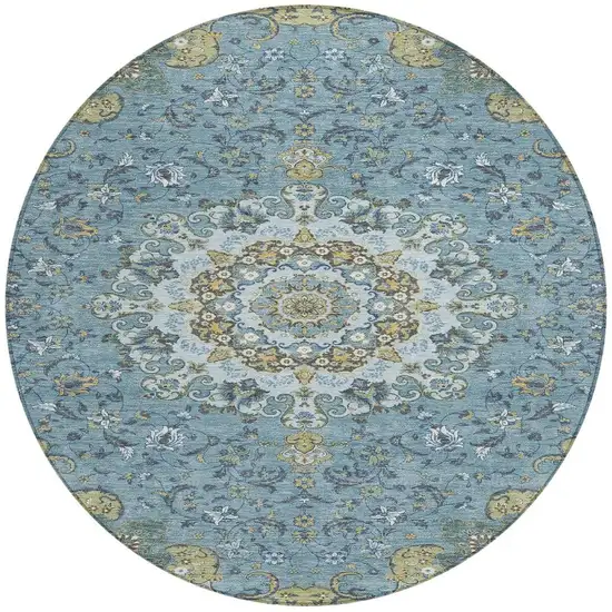 8' Teal Blue And Gold Round Floral Medallion Washable Indoor Outdoor Area Rug Photo 4