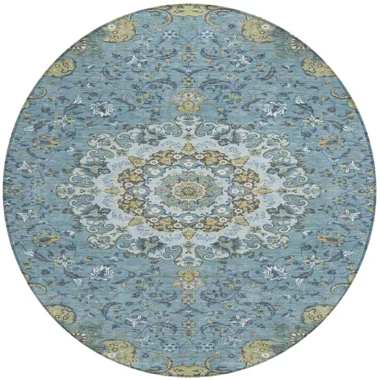 8' Teal Blue And Gold Round Floral Medallion Washable Indoor Outdoor Area Rug Photo 2