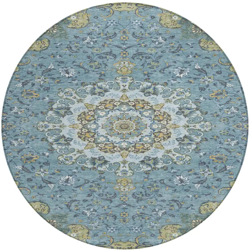 8' Teal Blue And Gold Round Floral Medallion Washable Indoor Outdoor Area Rug Photo 2