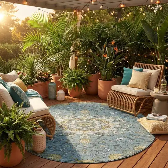8' Teal Blue And Gold Round Floral Medallion Washable Indoor Outdoor Area Rug Photo 1