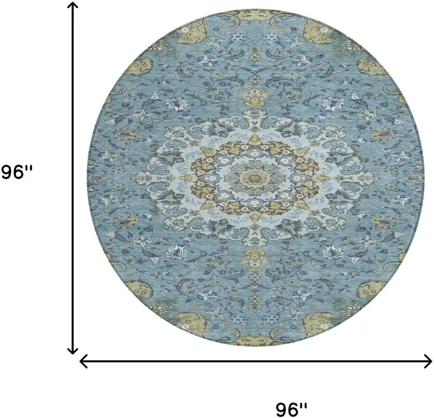 8' Teal Blue And Gold Round Floral Medallion Washable Indoor Outdoor Area Rug Photo 7