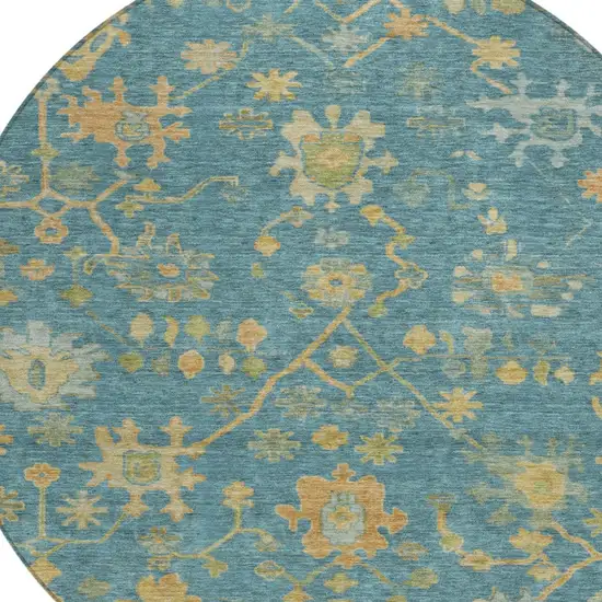 8' Teal Blue And Gold Round Floral Washable Indoor Outdoor Area Rug Photo 9