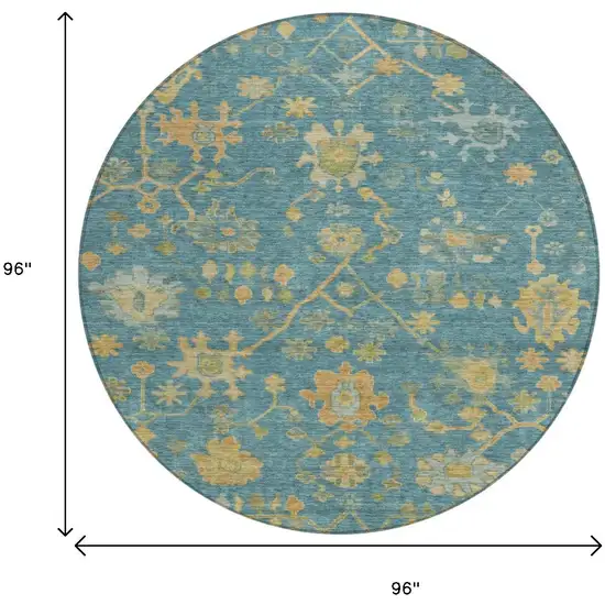 8' Teal Blue And Gold Round Floral Washable Indoor Outdoor Area Rug Photo 9