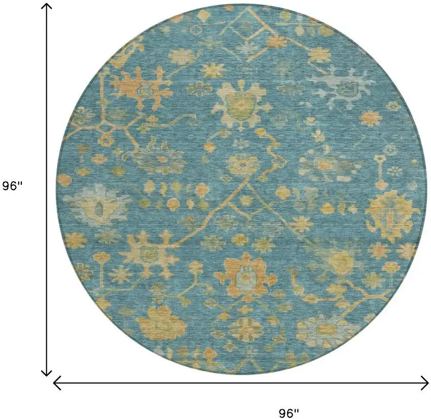 8' Teal Blue And Gold Round Floral Washable Indoor Outdoor Area Rug Photo 9