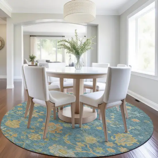 8' Teal Blue And Gold Round Floral Washable Indoor Outdoor Area Rug Photo 6