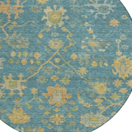 8' Teal Blue And Gold Round Floral Washable Indoor Outdoor Area Rug Photo 4