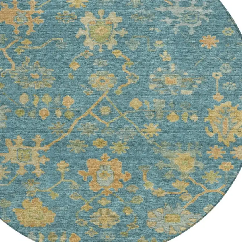 8' Teal Blue And Gold Round Floral Washable Indoor Outdoor Area Rug Photo 4
