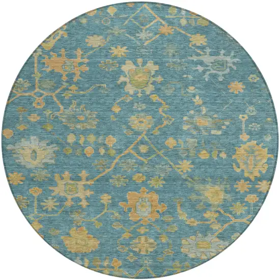 8' Teal Blue And Gold Round Floral Washable Indoor Outdoor Area Rug Photo 1