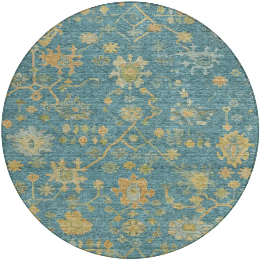 8' Teal Blue And Gold Round Floral Washable Indoor Outdoor Area Rug Photo 1