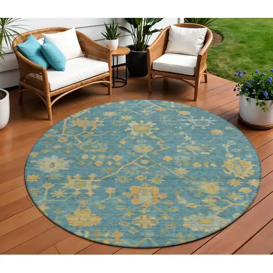 8' Teal Blue And Gold Round Floral Washable Indoor Outdoor Area Rug Photo 2
