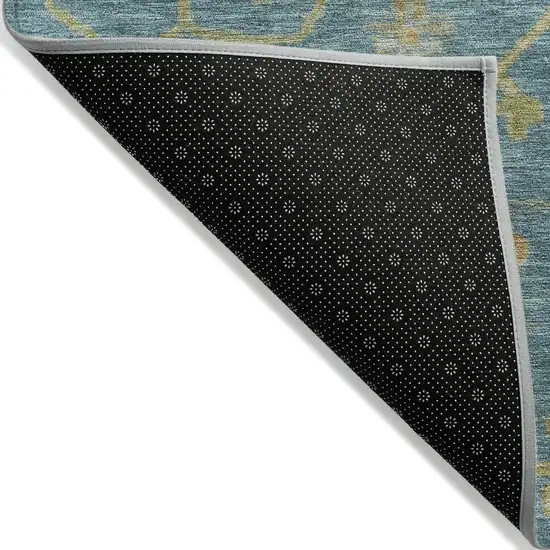 8' Teal Blue And Gold Round Floral Washable Indoor Outdoor Area Rug Photo 8