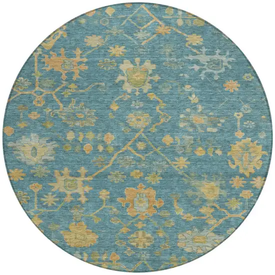 8' Teal Blue And Gold Round Floral Washable Indoor Outdoor Area Rug Photo 3