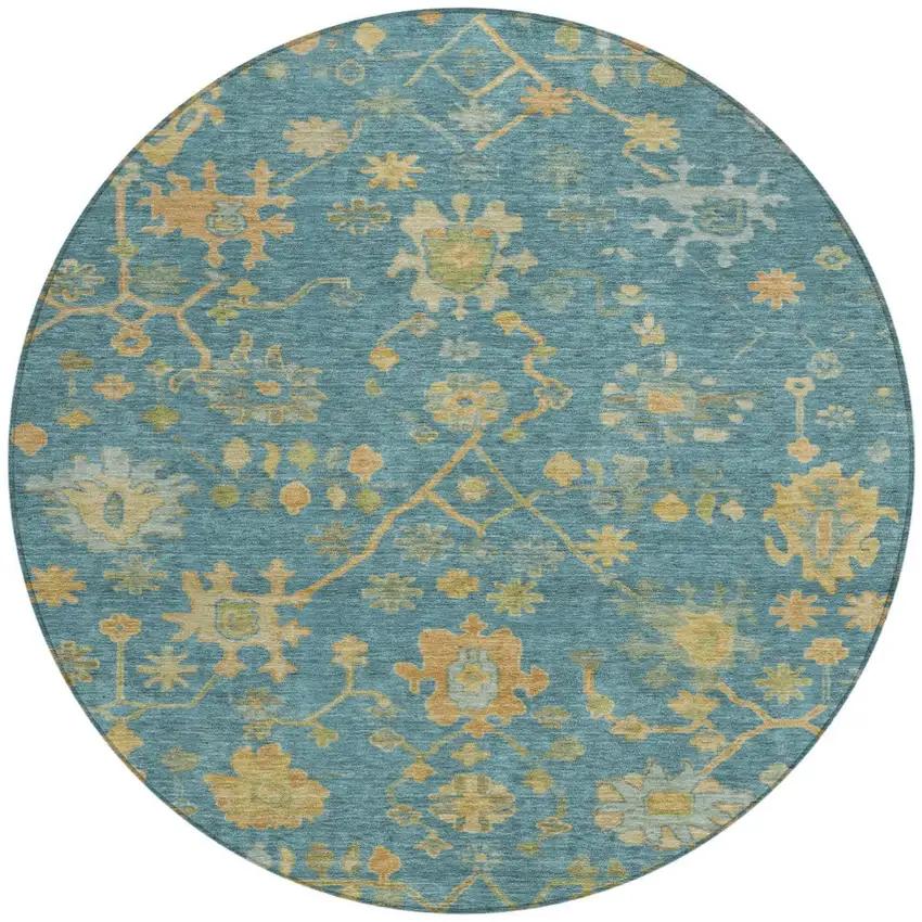 8' Teal Blue And Gold Round Floral Washable Indoor Outdoor Area Rug Photo 3