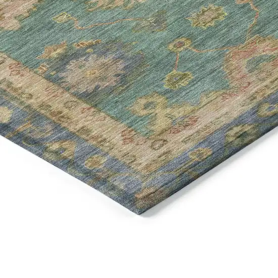 8' Teal Blue And Gold Round Floral Washable Indoor Outdoor Area Rug Photo 7