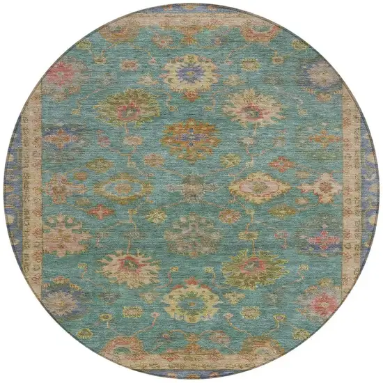 8' Teal Blue And Gold Round Floral Washable Indoor Outdoor Area Rug Photo 3